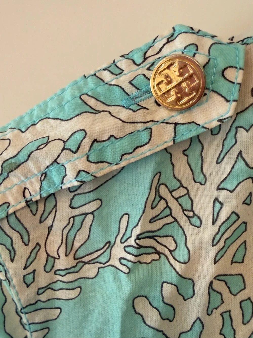 Tory Burch Aqua and White Coral-Print Button Down Utility Shirt Size 2